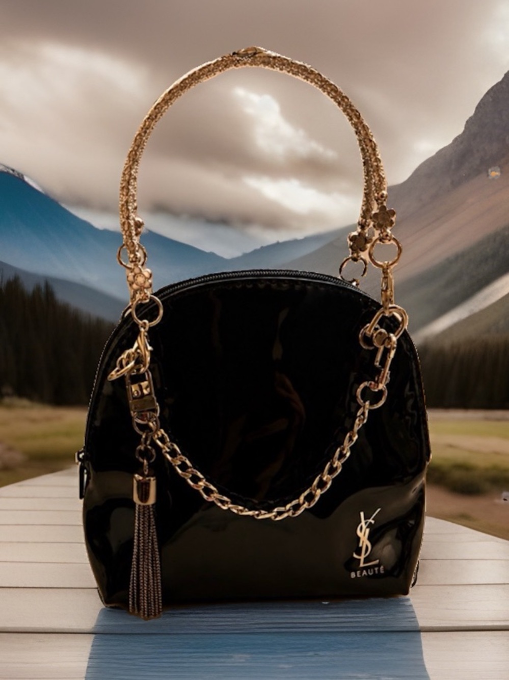 Yves saint laurent Black Patent Dome Bag with Gold Chain Handle